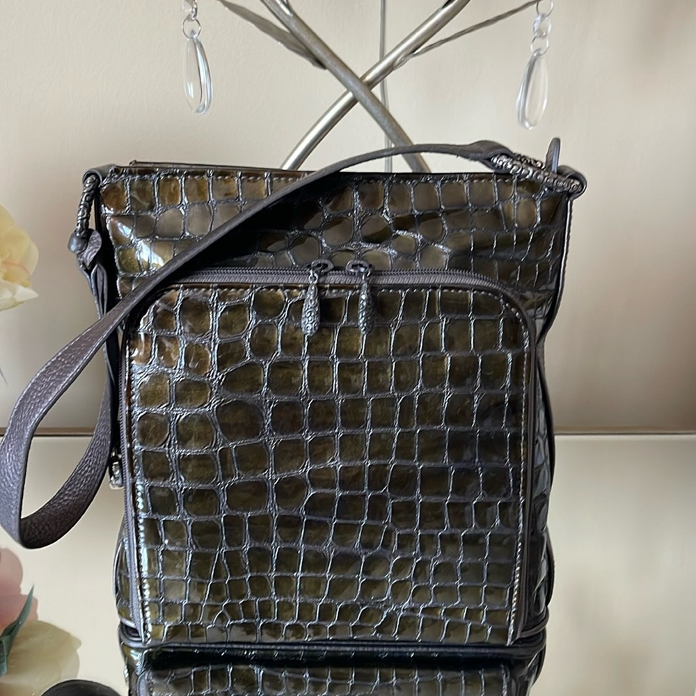 Brighton Sonny Patent Leather Crocodile Shoulder Bag with Organizer